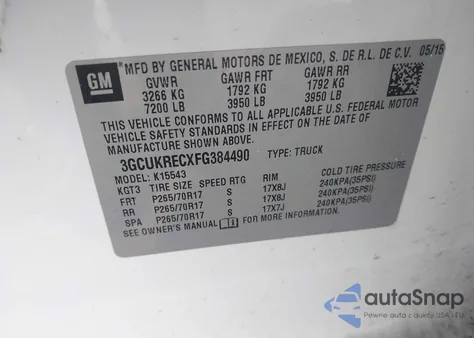 2015 Chevrolet Silverado 1500 1Lt z USA, uszkodzony, nr VIN 3GCUKRECXFG384490